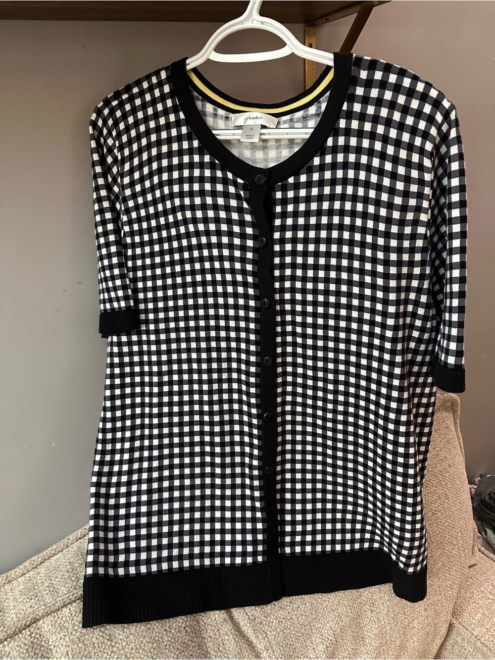 CJ Banks Black and White Gingham Button-Front Knit Top - 100% Cotton